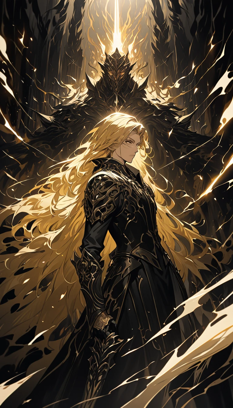 Farlmoor, "The Corrupted Sun," a paladin with a dark and imposing aura. His long golden hair flows majestically, and his radiant glowing eyes emit an intense, almost otherworldly light. His facial expression is stoic and malevolent, exuding an air of dominance and mystery. His armor is simple yet refined, predominantly gold with elegant black accents that hint at his corrupted nature. He holds a shield in one hand, slightly raised in a defensive yet commanding pose. The background is minimalistic, featuring a soft gradient or dark, neutral tones, allowing focus on the character. The style is inspired by classic 1980s dark fantasy animations, with sharp, detailed features and realistic lighting.