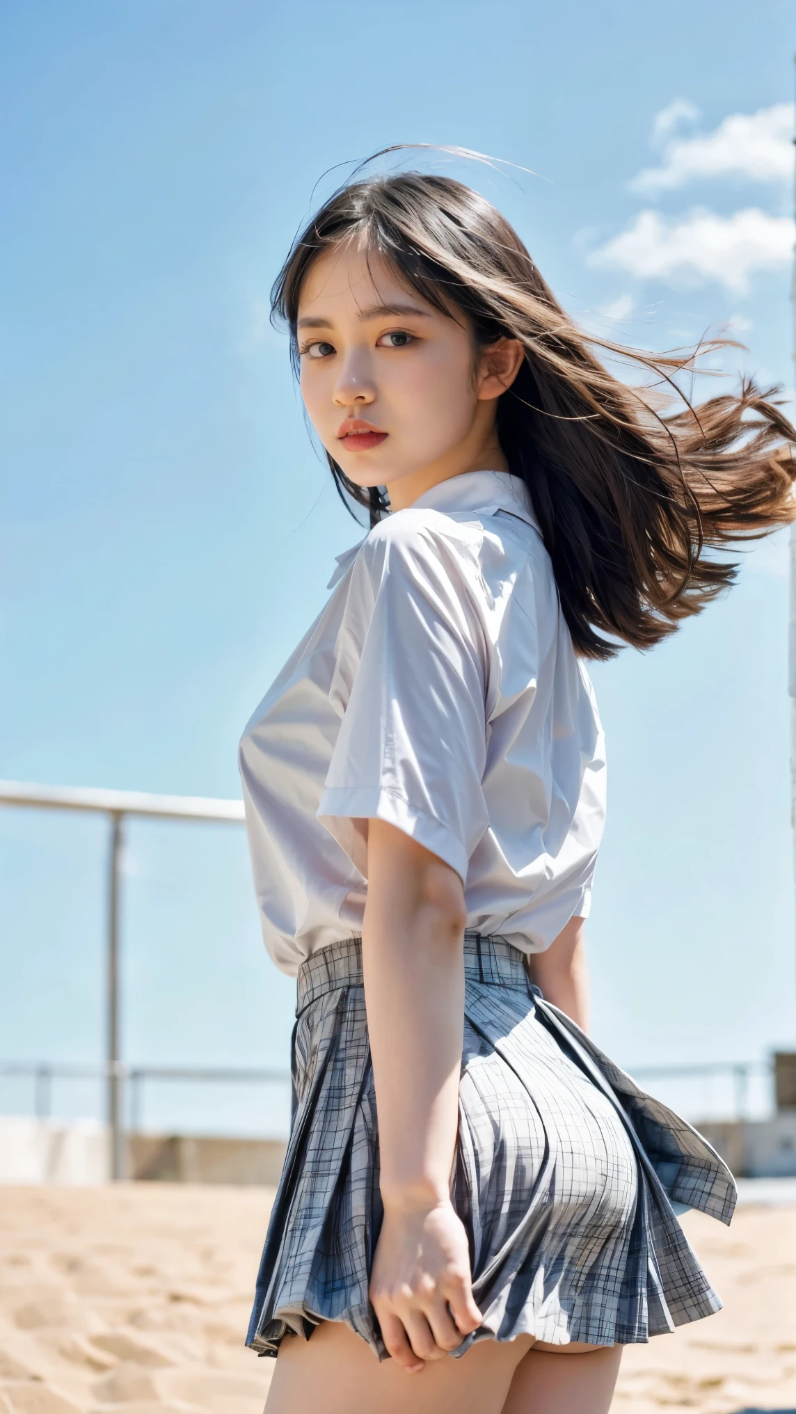 (realistic, photo-realistic, masterpiece, best quality), 8k, RAW photo, high resolution photograph, intricate details, extremely detailed, sharp focus, cinematic lighting, portrait, solo, 1girl, a young Japanese female idol, pale skin, (detailed face, detailed eyes, sophisticated nose), (white blouse, plaid skirt, school uniform), (skirt tug, clothes tug, wind, wind lift:1.5), photo background, outdoors, blue sky and clouds, nature,