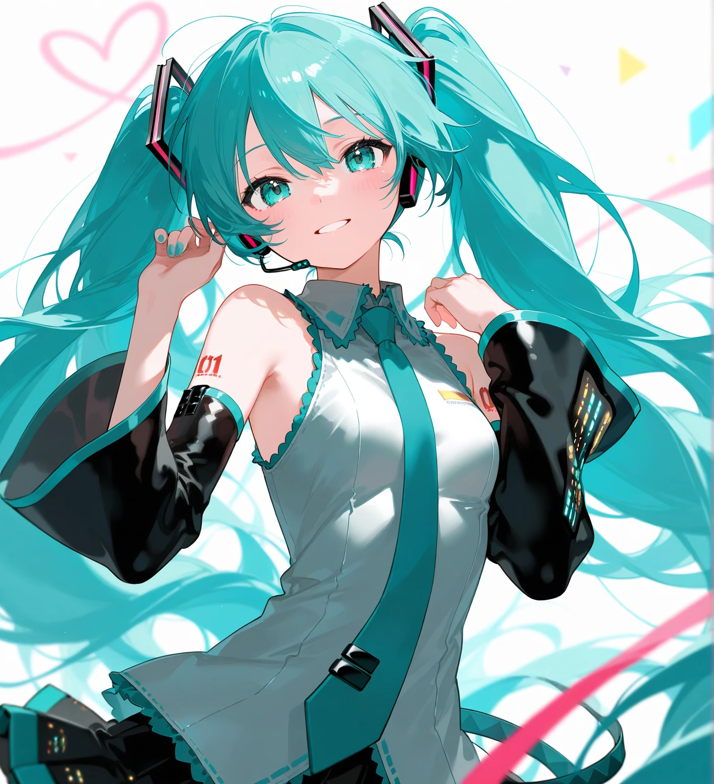 1girl, solo, long hair, looking at viewer, smile, open mouth, bangs, skirt, simple background, shirt, hair ornament, thighhighs, hair between eyes, bare shoulders, twintails, very long hair, blue hair, white shirt, cowboy shot, pleated skirt, detached sleeves, necktie, sleeveless, collared shirt, black thighhighs, miniskirt, black skirt, aqua eyes, zettai ryouiki, sleeveless shirt, aqua hair, headphones, pink background, outstretched arm, grey shirt, red background, headset, blue necktie, outstretched hand, black sleeves, aqua necktie, hatsune miku,small breast,fat thighs