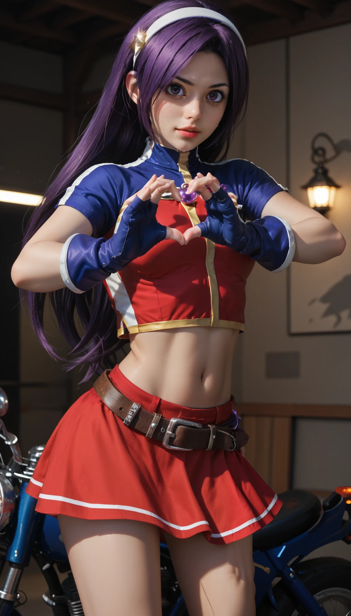 seductive, perfect lighting, perfect shadows, ATHKOF2002, purple hair, long hair, purple eyes, white hairband, blue sleeves, pearl (gemstone), short sleeves, red top, belt, fingerless gloves, navel, red skirt, biker shorts,RUKIA Style, (masterpiece), solo, (dynamic pose), 1 girl , standing,sexual arousal, sexual expression, shiny skin, big eyes, anime, (covered nipples:0.8),heart hands