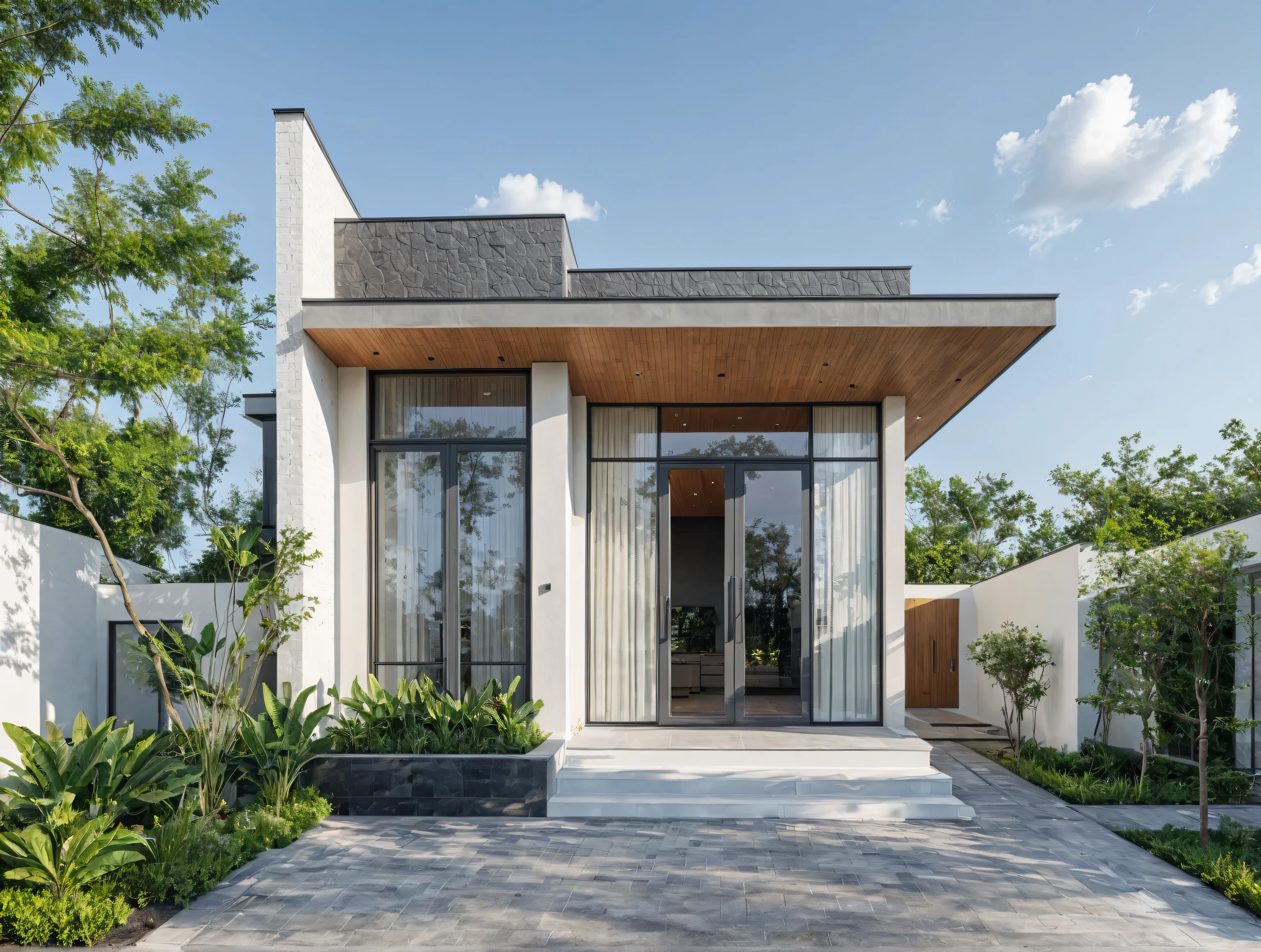 (masterpiece:1.2), best quality, photo of A two-story modern house with white walls and dark gray tiles on the roof., tree and plant, streetcapes, natural light, The exterior of an elegant single family home features large windows, ((a dark gray door frame)).