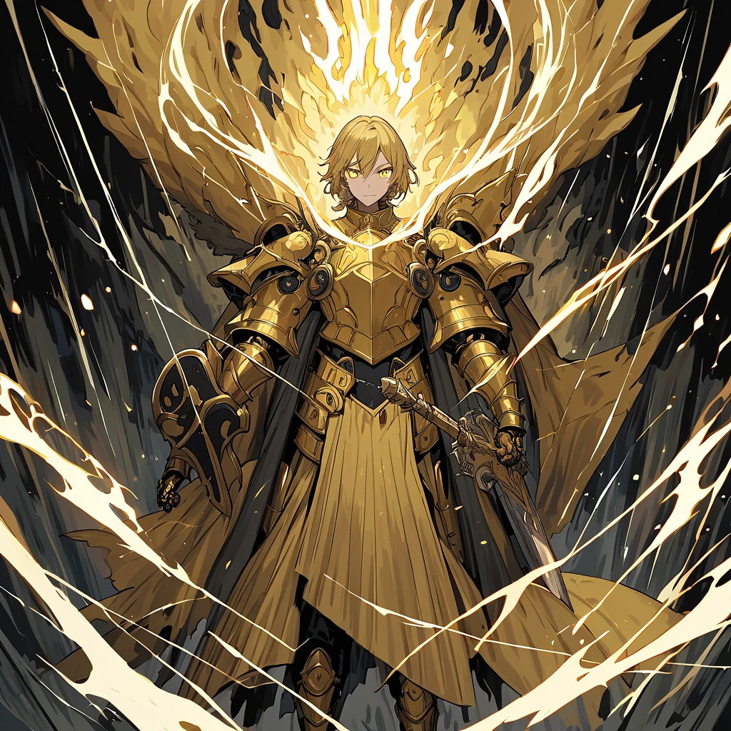 Ghibli, fantasy paladin, golden armor with black details, flowing blonde hair, yellow glowing eyes, standing tall with a radiant aura, wielding a large shield and sword, in a neutral background, heroic pose