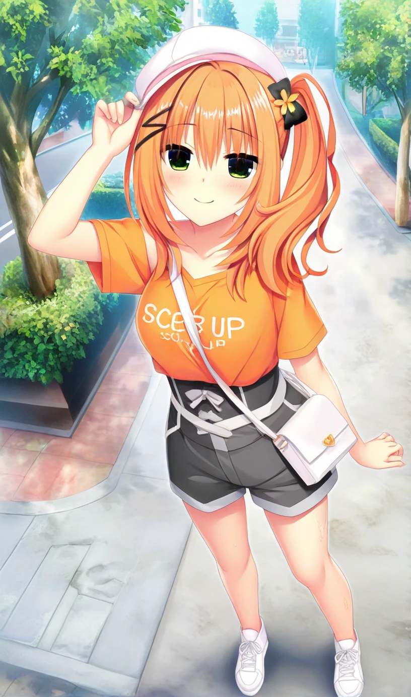 high quality, official art, 1girl,ameri-default,green eyes,orange hair,side ponytail,hair ornament,hairclip, Cropped white T-shirt, black high-waisted shorts, white sneakers, pale pink cap, Sporty crossbody bag for one person, smiling, sidewalk, tree, smiling,outdoor, from above, standing