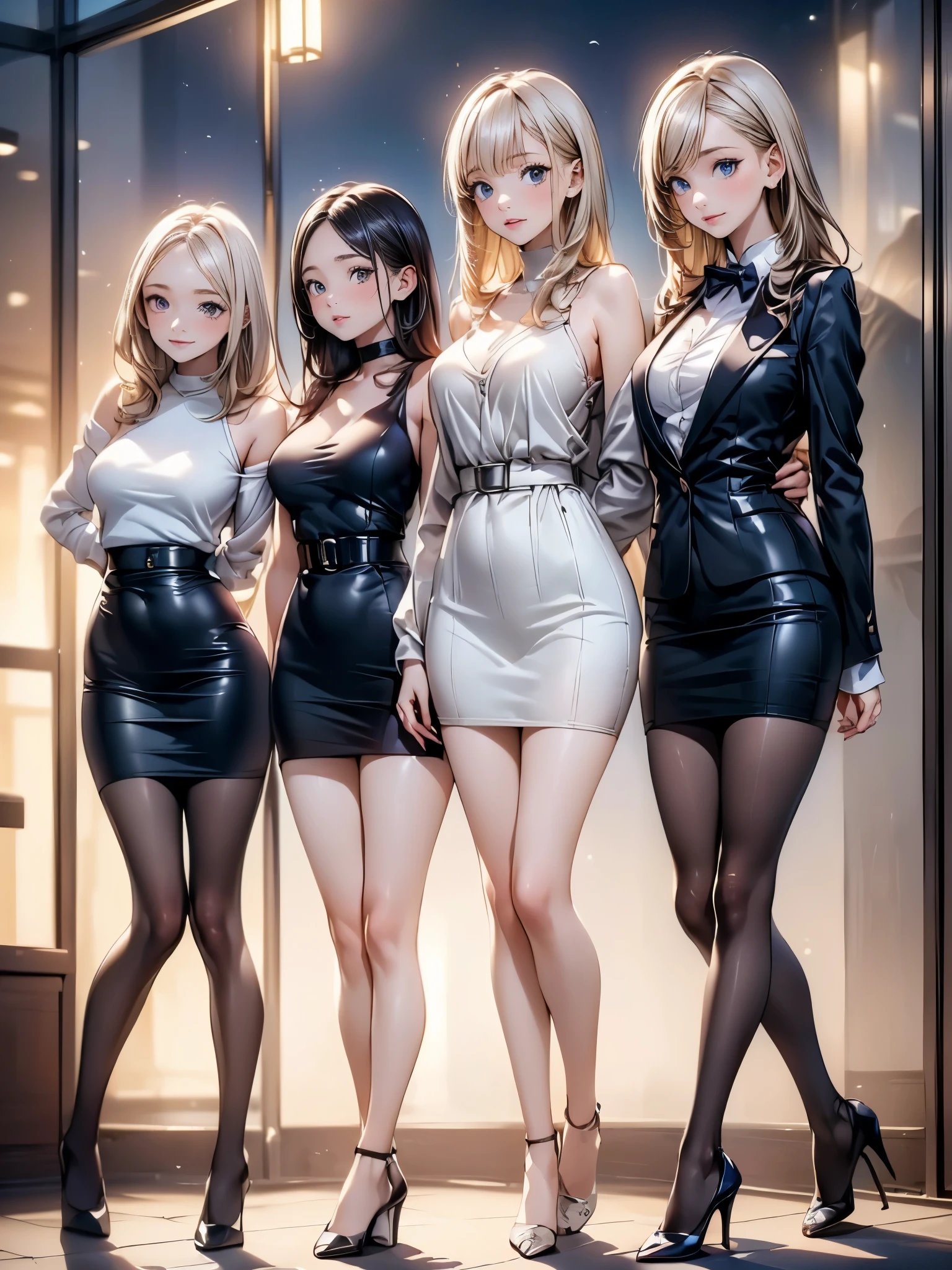 perfect anime illustration, 100girls, all girls are sisters, sisters crowded together, sisters in background, matching hairstyles, rich sisters, brown hair, curly hair, matching hairstyle, hazel eyes, smiling, ((matching outfits, leotards, high heels)), highres, full body