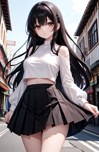 Highest quality, High resolution,1 female,thin、Big face、Brown eyes、expensive、Black hair break、Long Hair、White short-sleeved T-shirt BREAK、(Black Skirt:1.2)、(Beautiful woman:1.5)、Age 25、mature、Abdominal Peek,