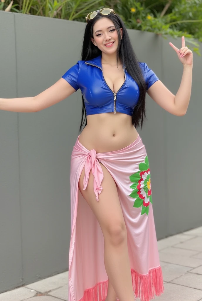 Nico Robin, a woman with a blue top and long pink and green pareo that she wears like a skirt. navel. Eyewear on the head
Extra arms having sex with Luffy big penis 