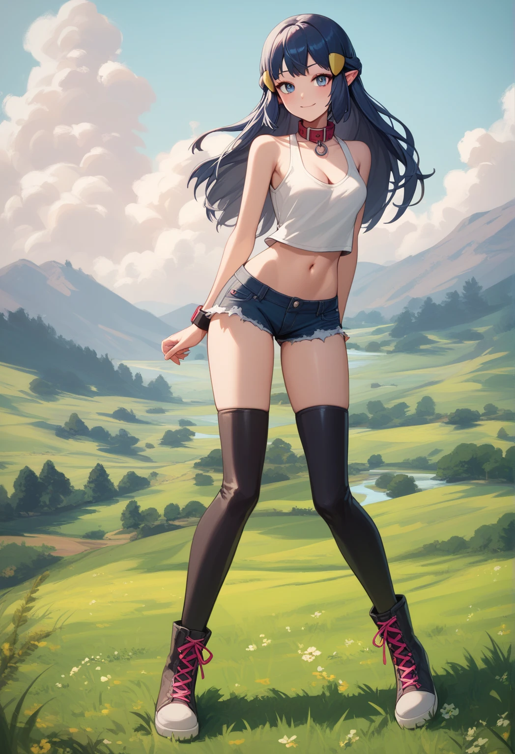 full body image, masterpiece, Best Quality, 1 girl, dawn \(Pokémon\), by the wide, For the blue,piercing blue eyes,well endowed,tall, beautiful,pointy elven ears with slight red, collar, sleeveless shirt, stylish, collar, cleavage, exposed midriff & shoulders, miniskirt, stylish thigh high stylish boots, seductive smile with blush, looking at the viewer, field background,sexy.