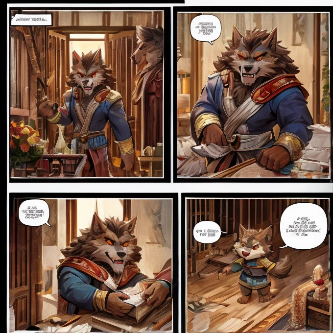 masterpiece, high res,top-quality、 (One々A comic where a cute werewolf makes you happy with 4 scenes)