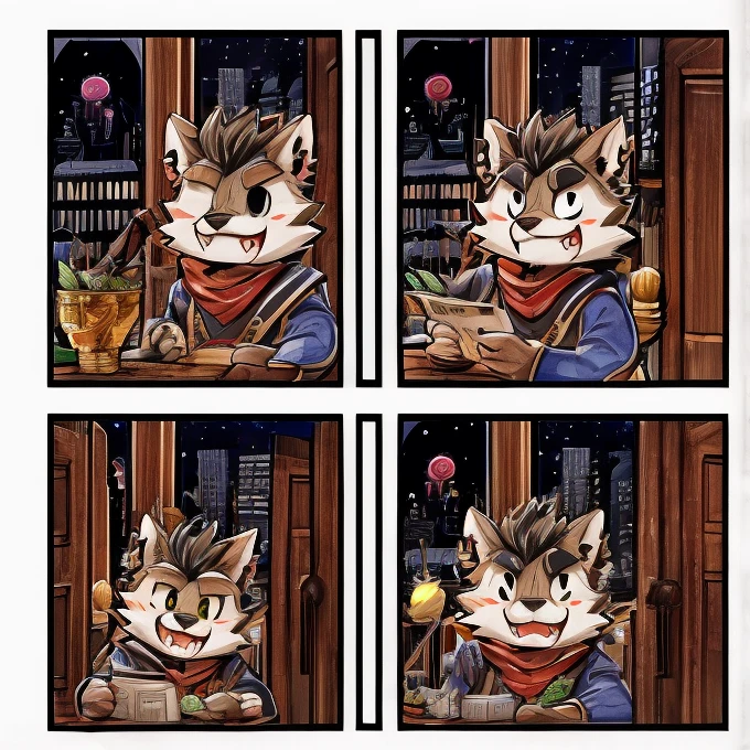 masterpiece, high res,top-quality、 (One々A comic where a cute werewolf makes you happy with 4 scenes)