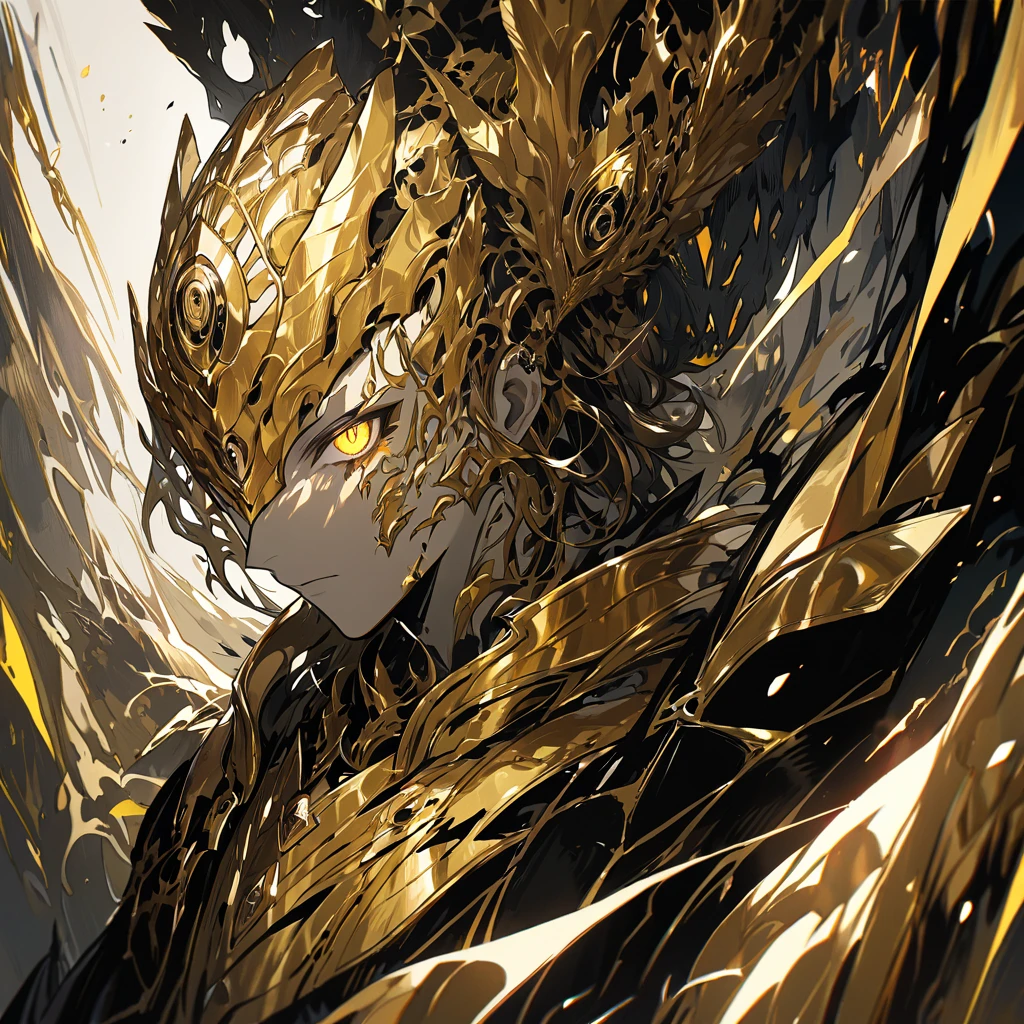 Close-up portrait of Farlmoor, 'The Corrupted Sun,' a human paladin with long flowing golden hair, piercing glowing yellow eyes, wearing intricately designed golden armor with black accents, a large shield resting beside him, a radiant but dark aura emanating around him, in a neutral background, heroic and impassive expression, emphasizing detailed facial features, fine textures on armor, and dynamic lighting highlighting his radiance and dark essence.