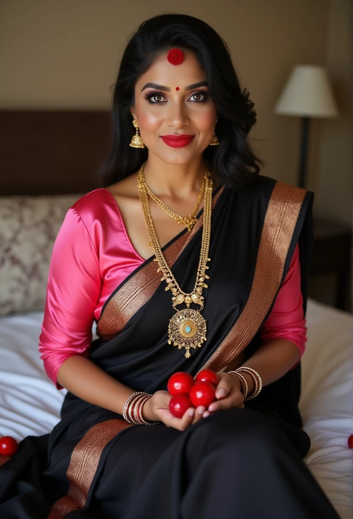 Create a hot indian mature lady wearing satin pink blouse with black saree with red bengels inboth hands with figure of 38DD--36--42. With Hindu sanskari married woman with  Red bindi on head and seating on the bed with wearing big thick golden chain and bridal makeup with two African man in white boxer. Carrying white board in hand were is written fuck my pussy