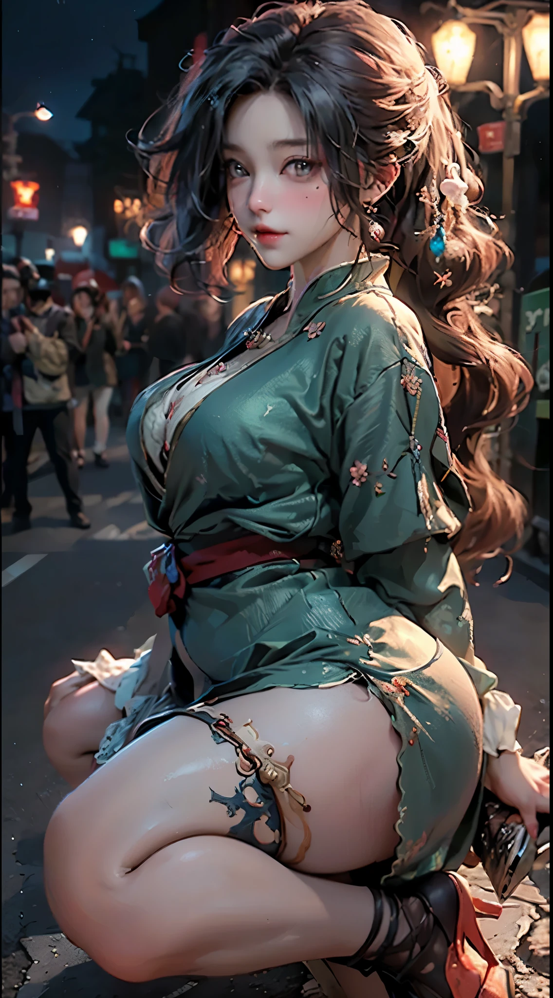Masterpiece, Dynamic, Detailed drawn skin, impressive lighting, Green hair, Long hair, Big, Torn clothing, Shy, Blush, Five fingers, woman, Beauty, Cute, Wet, Low angle, with no underpants,, Fluttering clothes, Thick thighs, Embarrassed, Kimono long sideburns 1 girl, Beautiful realistic prestige KDA goes all out for League of Legends Ahly, Blush, shibari, Big Cleavage, breasts indentation, Slave collar, Chain around the neck, alta fantasia, intaglio, leering, Big, Very detailed, 8K, high resolution, Solo, Juicy big lips, thick juicy thighs, Makeup, Shiny room, mitts, watch audience, Photorealistic, 4 d cinema, Octane rendering, Innovative, Sexy, Curvaceous but slender, mystical aura, Smoke around Ahli, Using advanced machine learning, Bare camel toes, Sub-magazine photo style, Pixiv trends, Citizen Trends, Perfectcomposition, sfv, Professional quality, Unreal Engine Wet yukata Nippur