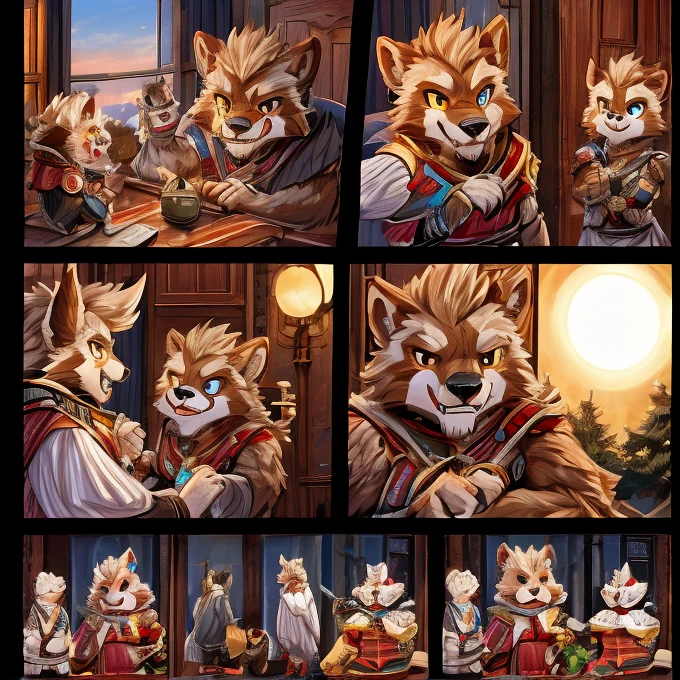 (masterpiece, high res,top-quality)、 (One々A comic where a cute werewolf makes you happy with 4 scenes)