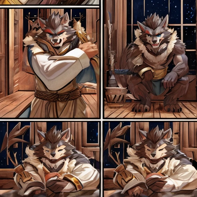 (masterpiece, high res,top-quality)、 (One々A comic where a cute werewolf makes you happy with 4 scenes)