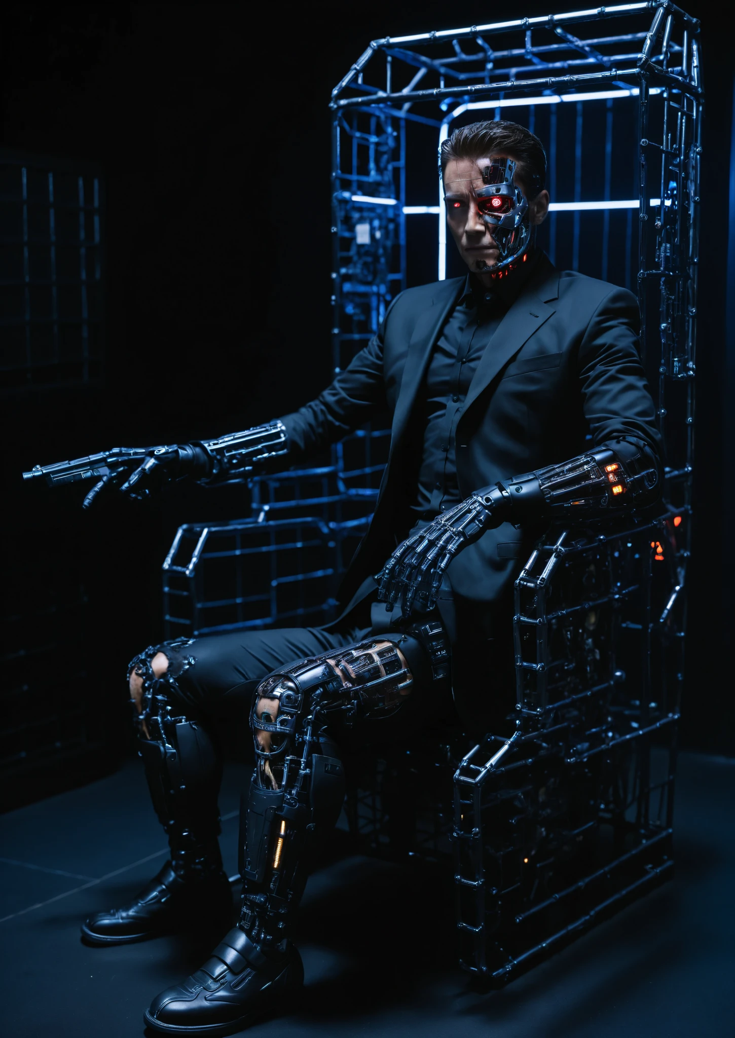 humanoid robot, (real human black suit), fierce and cold face, ((gun)), 1man, is a damaged terminator with half the face damaged, (being trapped in a neon simple outlined cage in the foreground), sitting on a throne, dark background, intricate circuits, close-up:0.5, strong backlight, portrait, photorealistic