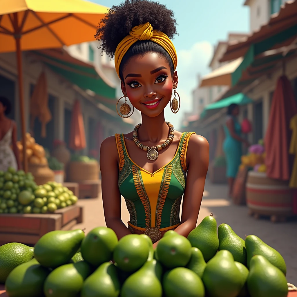 Create a Realistic woman with Afro-indigenous features with short clothes In the market see the weight in Belém do Pará