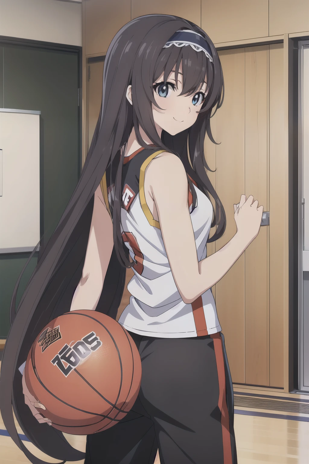 1 girl, cute, black long hair, (hair band), masterpiece, smile, (looking back), (basketball uniform/tank top/half pants, ball), (in front of basketball teams in the high school gym), (anime cels style, Masterpiece, best quality, high resolution, anime colored, anime poster style, anime key visual, sharp, 8k), beautiful blue eyes