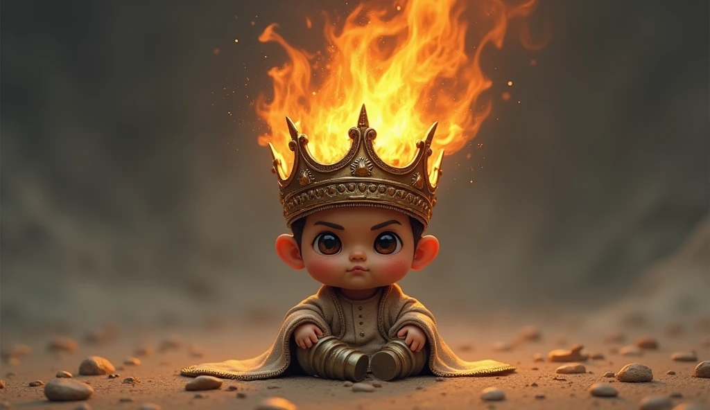 Crie a imagem hiperrealista de um diabinho de aproximadamente 5anos de idade sentado em um trono, segurando um tridente