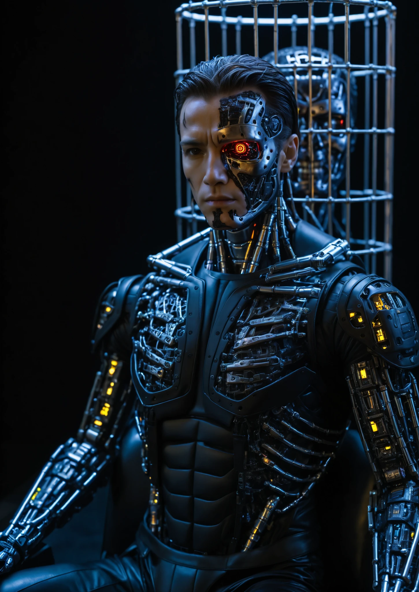 humanoid robot, (real human black suit), fierce and cold face, ((gun)), 1man, is a damaged terminator with half the face damaged, (being trapped in a neon simple outlined cage in the foreground), sitting on a throne, dark background, intricate circuits, close-up:0.5, strong backlight, portrait, photorealistic