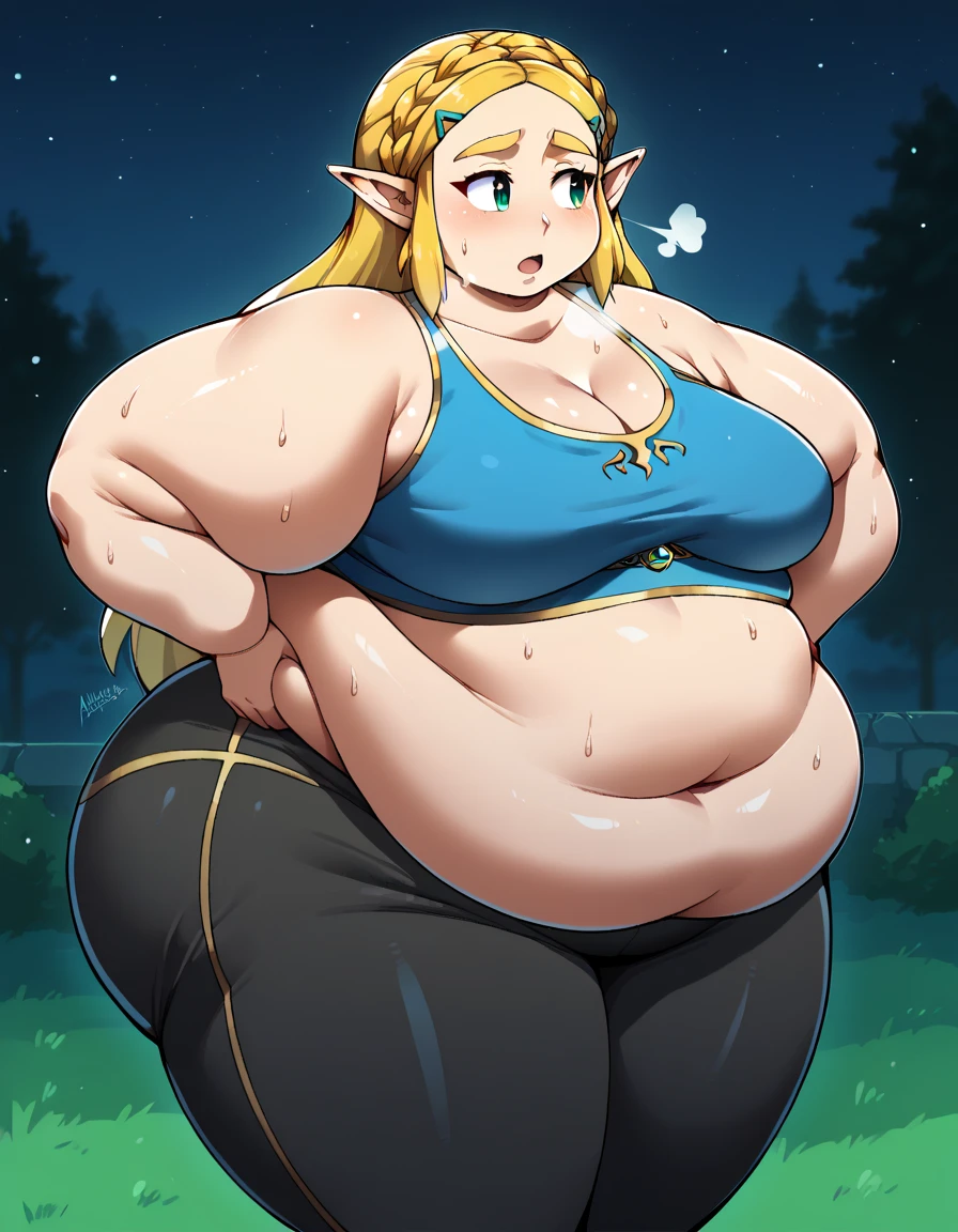 masterpiece, best quality, highres, aazelda, Princess_Zelda, long hair, crown braid, hairclip, pointy ears, blue tanktop,, black pants with yellow stripes, tight pants, night, standing, cowboy shot, outdoors, hands on hip, open mouth, out of breath, sweaty, sweating, exhuasted, tired exporession, sexy, hot, tounge slighty out, sexy zelda navel, cowboy shot, from front fat, chubby, obese, gigantic arms and legs, large breasts open mouth, out of breath, 
