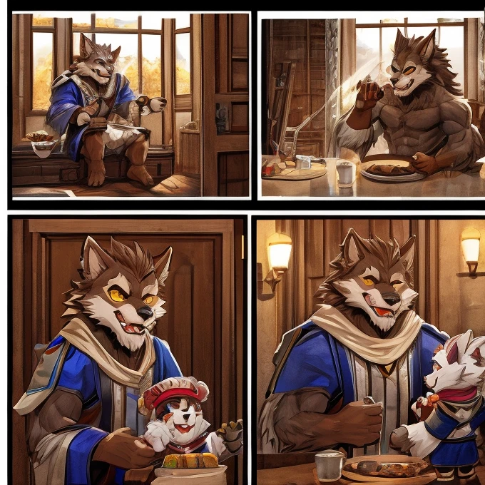 masterpiece, high res, top quality 、 (One々A comic where a cute werewolf makes you happy with 4 scenes)