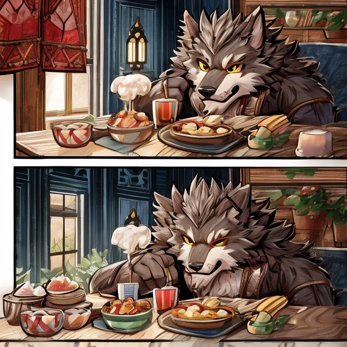 masterpiece, high res, top quality 、 (One々A comic where a cute werewolf makes you happy with 4 scenes)