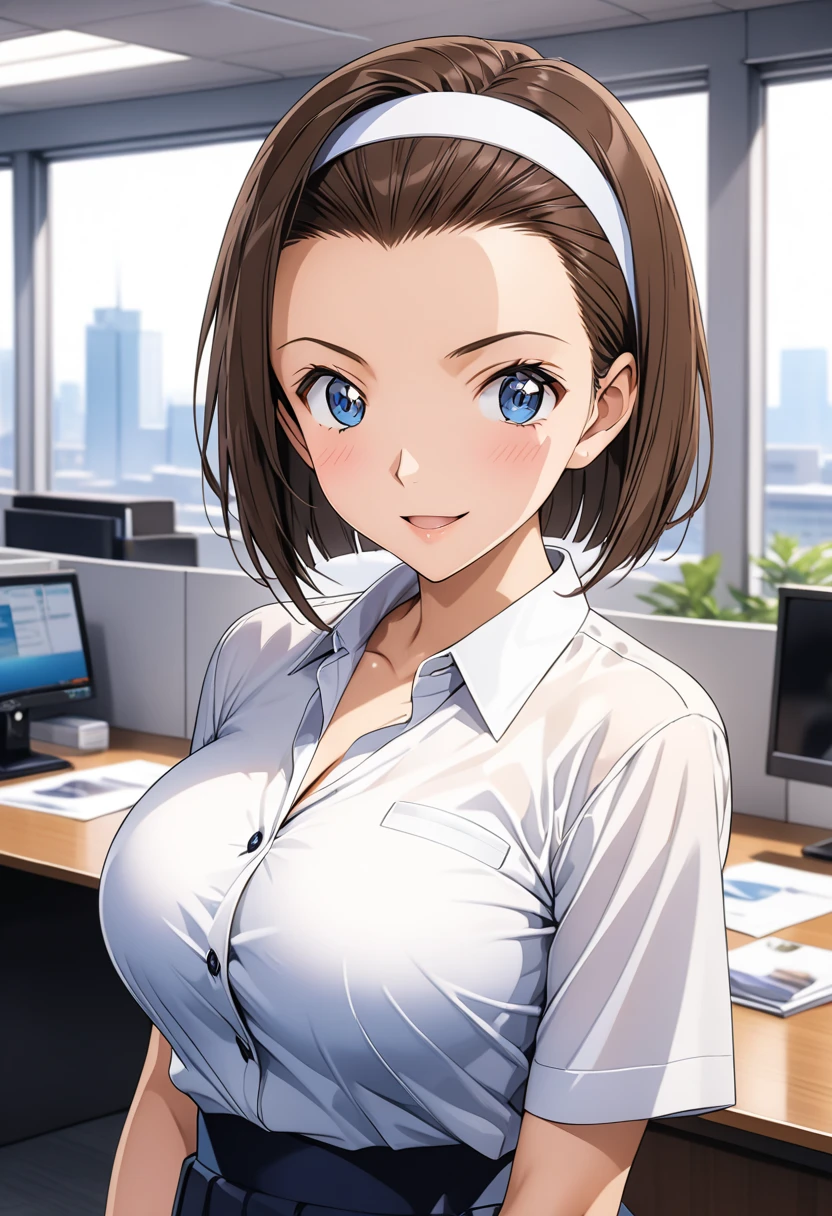 masterpiece, Best Quality, High resolution,16k,official art,super detailed skin,detailed,animated painting,Anime-style painting style, 1990s \(style\),(F cup beautiful breasts)、clevage,(,25years old, (tall:1.2),height: 175cm,Fashion model body type, suzuki sonoko, 1girl, solo,brown hair, blue eyes, short cut hair, slicked-back hair,forehead, white headband ,open mouth, breasts,large breasts, lens flare,office lady uniform,white shirts,mini skirt, (suzuki sonoko),sexy, provocative smile ,blush,shy, looking at viewer,in the office,superfine, 