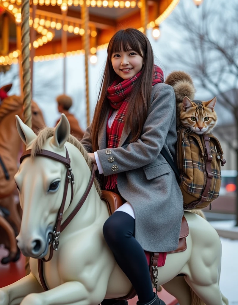 ultra-realistic, photorealistic, dramatic scene, shadow, global-illumination, solo, (teenage Japanese famous idol girl), very beautiful fragile Japanese girl, very beautiful with very cute but boyish cool face, (very large breasts), slim waist, (wearing a gray colored Japanese high school cute uniform of white shirt with blazer and skirt), (red ribbon), (stylish winter coat), (cute checked red woolen scarf), (glove), (She is wearing dark navy tights), (very large breasts), upper body shot, (The large fat cat is hiding in her backpack and peeks out of her backpack), (She is riding a wooden white horse of gorgeously illuminated large antique merry-go-round), the Christmas decorated wooden white horses are on the merry-go-round, with festive Christmas decoration, snow covered road, A few autumn leaves can be seen among the leafless trees, she looks so happy, happy smile, professional lighting