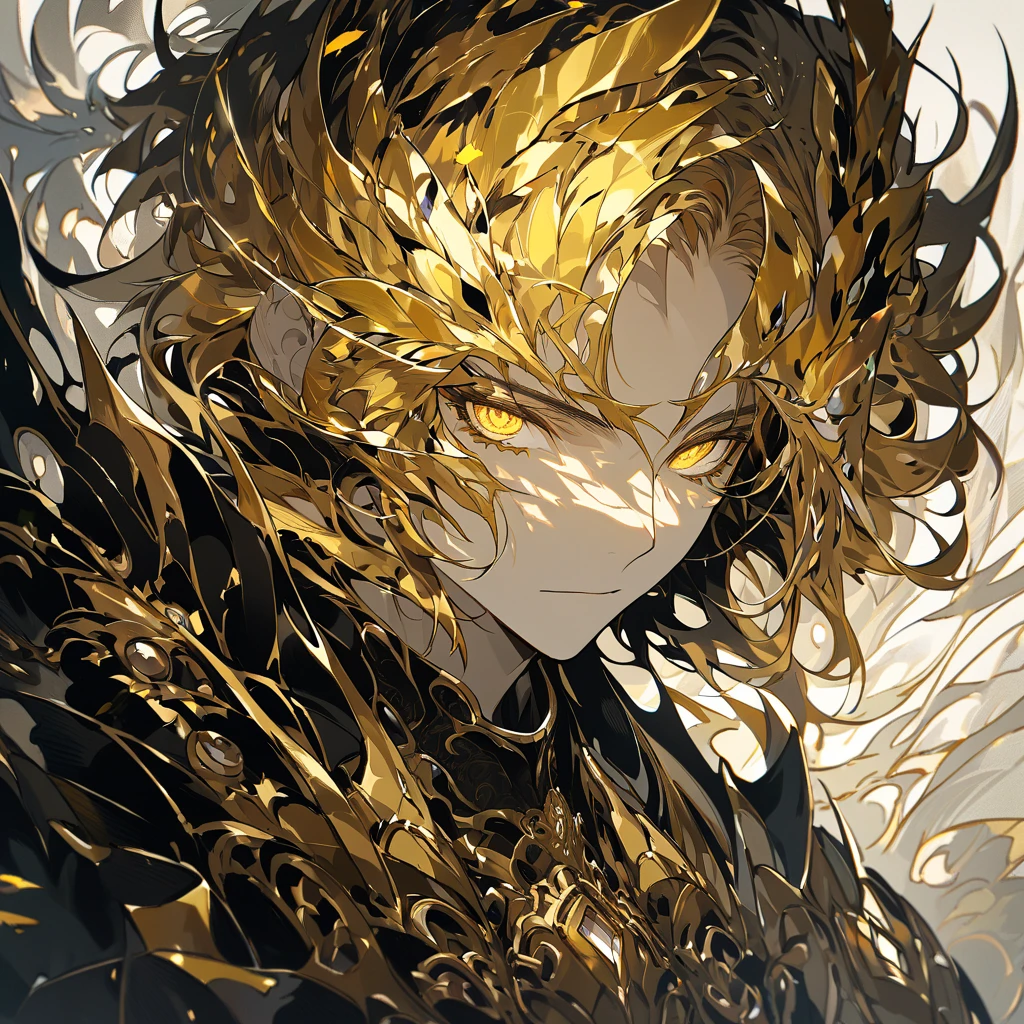 Close-up portrait of Farlmoor, 'The Corrupted Sun,' a human paladin with long, flowing, radiant golden hair, glowing yellow eyes, wearing intricately designed golden armor with black accents, a large shield resting beside him, a radiant but dark aura emanating around him. His hair should be detailed, shining like sunlight, and gently flowing as if moved by an ethereal breeze. Set against a neutral background, his heroic and impassive expression should convey both power and mystery. The focus is on his face and hair, with the armor providing texture and depth.