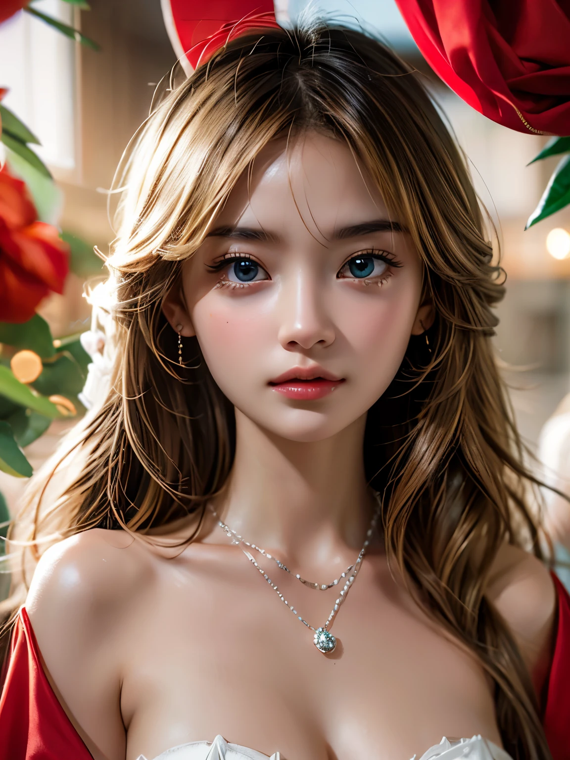 masterpiece,  top quality , 8k,  photorealistic,  high res, 1 Girl, Alone, (  DETAIL FACE ), Blonde,  Transcendental Beautiful Girl,  jewelry、princess,shiny skin,red and white christmas dresses、Beautiful breasts。princessが贈り物のような衣装、The body is wrapped with a red ribbon
