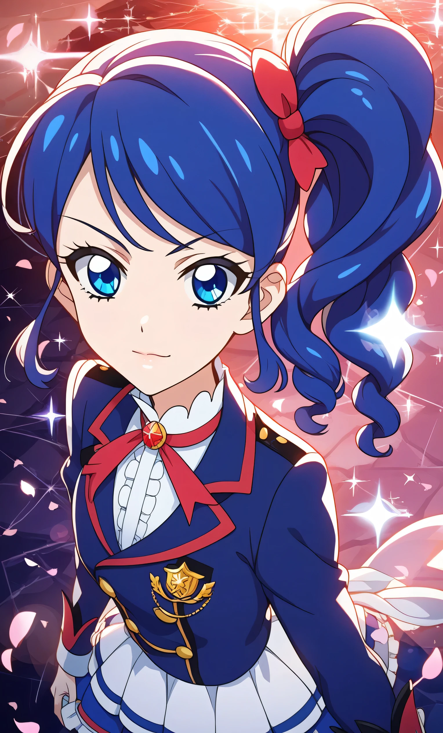 score_9, score_8_up, score_7_up,  Kiriya Aoi in Aikatsu's Starlight Academy uniform, blue hair, long hair, side ponytail, blue eyes night, ruined building, sparkles, glitters, multicolored background, shiny, glowing, lens flare, petals, background, theme,t-posing,from above,glossy lips ,serious face