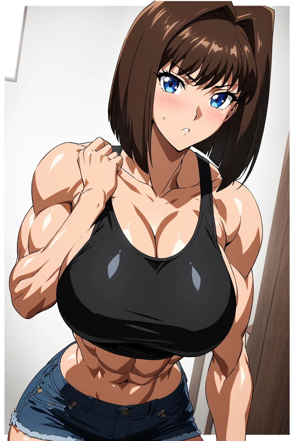 score 9 , score 8 up, score 7 up, source anime, masterpiece,  top quality ,  high res, 1woman, Close-up of a woman with short brown hair, Muscular and strong,  bob cut, Blue Eyed Woman, Alone, Classic Women, Big Breasts, Strong muscles,  woman with very large breasts,  animation artist studio, Boobs, clothing: BLACK TANK TOP, collarbone, Women Romance,  anime style,  muscular woman ,  Skin Tight Tank Top , feminine and muscular,  Bigger Chest and Butt , Tall Woman, 引き締まった体,  adult sex appeal, plain tank top, I wore denim shorts, Anime dick!!!!, tanktop with an black, wore Denim Shorts, Bare shoulders, Bare Arms, tank top and Denim Shorts only,  cowboy shot, looking at viewer, Female focus, standing, 