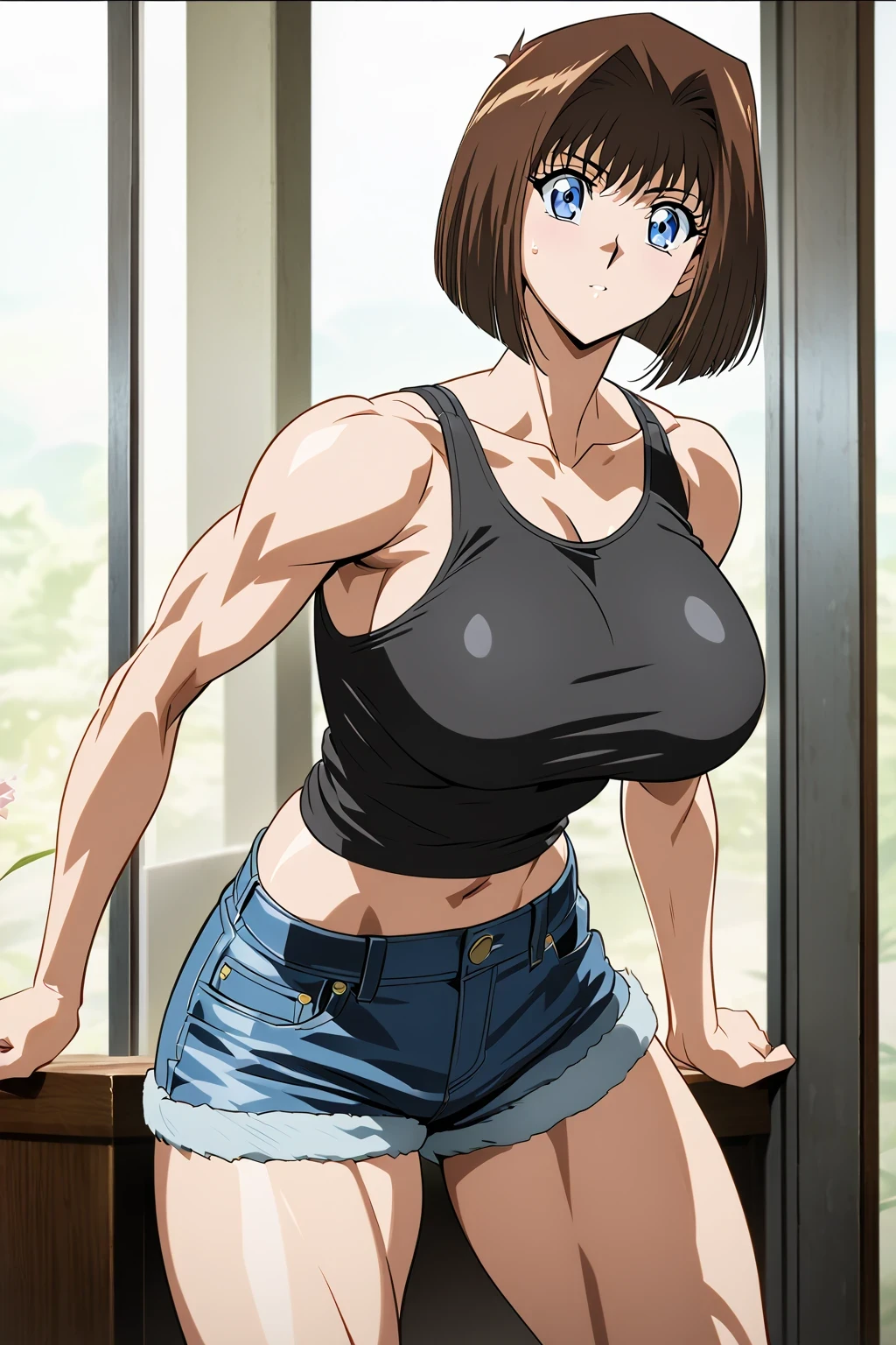 score 9 , score 8 up, score 7 up, source anime, masterpiece,  top quality ,  high res, 1woman, Close-up of a woman with short brown hair, Muscular and strong,  bob cut, Blue Eyed Woman, Alone, Classic Women, Big Breasts, Strong muscles,  woman with very large breasts,  animation artist studio, Boobs, clothing: BLACK TANK TOP, collarbone, Women Romance,  anime style,  muscular woman ,  Skin Tight Tank Top , feminine and muscular,  Bigger Chest and Butt , Tall Woman, 引き締まった体,  adult sex appeal, plain tank top, I wore denim shorts, Anime dick!!!!, tanktop with an black, wore Denim Shorts, Bare shoulders, Bare Arms, tank top and Denim Shorts only,  cowboy shot, looking at viewer, Female focus, standing, 