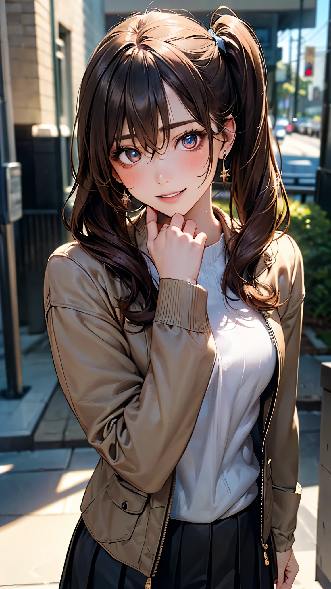 (masterpiece:1.3, top-quality, ultra high res, ultra detailed), (realistic, photorealistic:1.4), beautiful illustration, perfect lighting, natural lighting, bright color, depth of fields, nsfw,
beautiful detailed hair, beautiful detailed face, beautiful detailed eyes, beautiful clavicle, beautiful body, beautiful chest, beautiful thigh, beautiful legs, beautiful fingers, shiny skin, 
looking at viewer, (face focus, upper body), 1 girl, japanese, high school girl, (perfect anatomy, anatomically correct, super detailed skin), cute and symmetrical face, babyface, 
(long hair, straight hair, light brown hair), forehead, dark blue eyes, long eye lasher, (medium breasts, seductive thighs), slender, outstanding style, perfect face, perfect eyes, 
(small earrings, necklace, (brown leather jacket, black leather skirt), black tie, (stockings, high heels)),  
(beautiful scenery), summer, (park), walking, (lovely smile, upper eyes, parted lips),