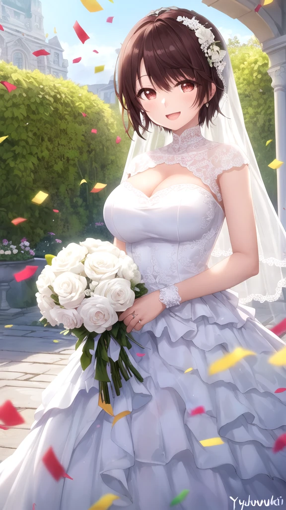 masterpiece, best quality, high quality, girl, solo, looking at viewer, yuuta_kadowaki, large breasts, wedding Dress, standing, garden, confetti, holding bouquet, smile, open mouth,