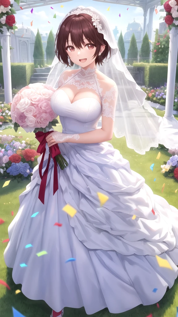 masterpiece, best quality, high quality, girl, solo, looking at viewer, yuuta_kadowaki, large breasts, wedding Dress, standing, garden, confetti, holding bouquet, smile, open mouth,