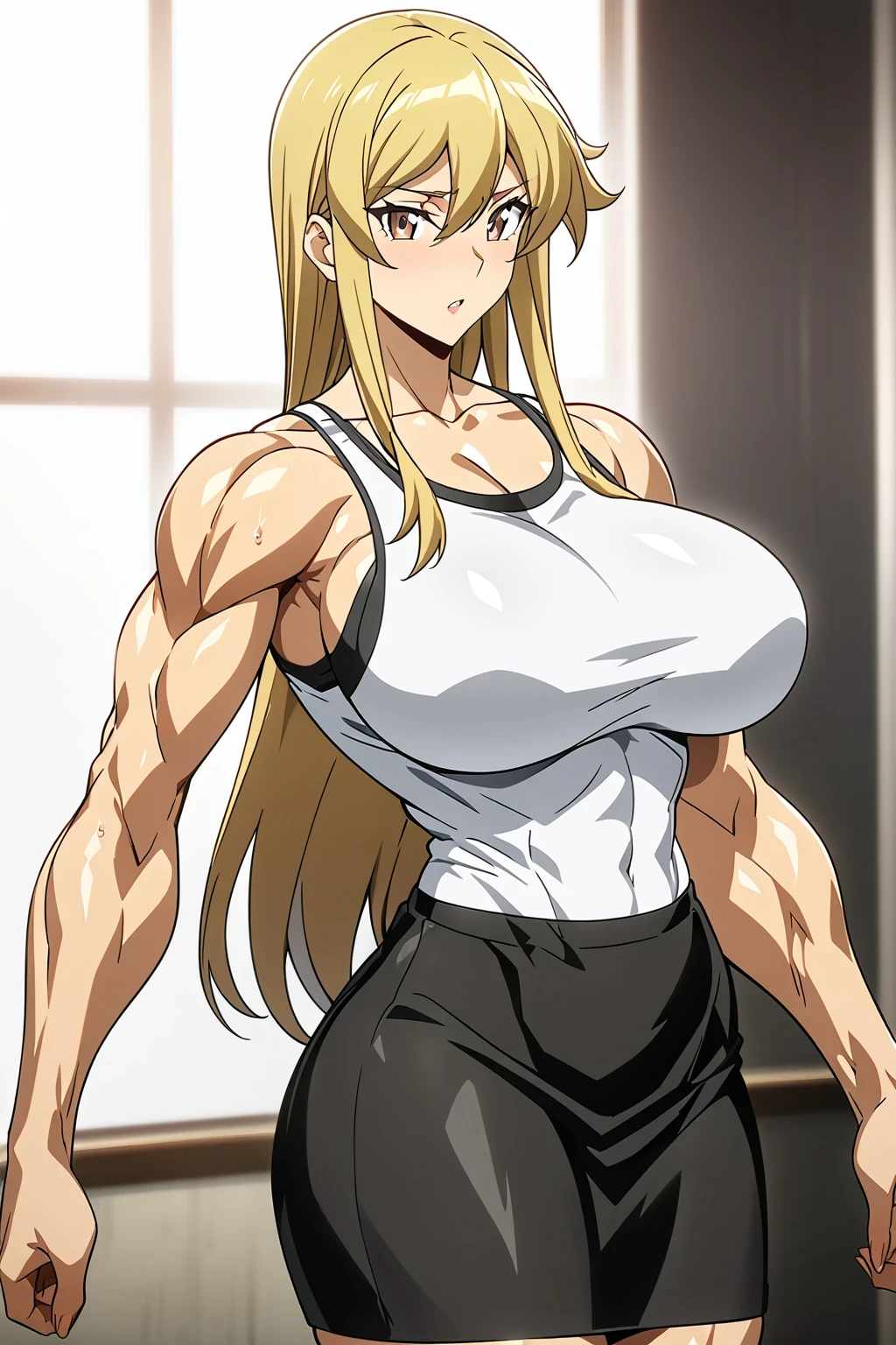 score 9 , score 8 up, score 7 up, source anime, masterpiece,  top quality ,  high res, 1woman, Closeup of a woman with long blond hair , Muscular and strong,  hair between eyes, Brown eyed woman, Alone, Classic Women, Big Breasts, Strong muscles,  woman with very large breasts,  made in an anime artist studio, Boobs, clothing: white tank top , collarbone, Women Romance,  anime style,  muscular woman ,  Skin Tight Tank Top , feminine and muscular,  Bigger Chest and Butt , Tall Woman, 引き締まった体,  adult sex appeal, plain tank top, Wearing a tight skirt, Anime dick!!!!, tanktop with an white, tight skirt with an blue, Bare shoulders, Bare Arms, tank top and tight skirt only,  cowboy shot, looking at viewer, Female focus, standing,