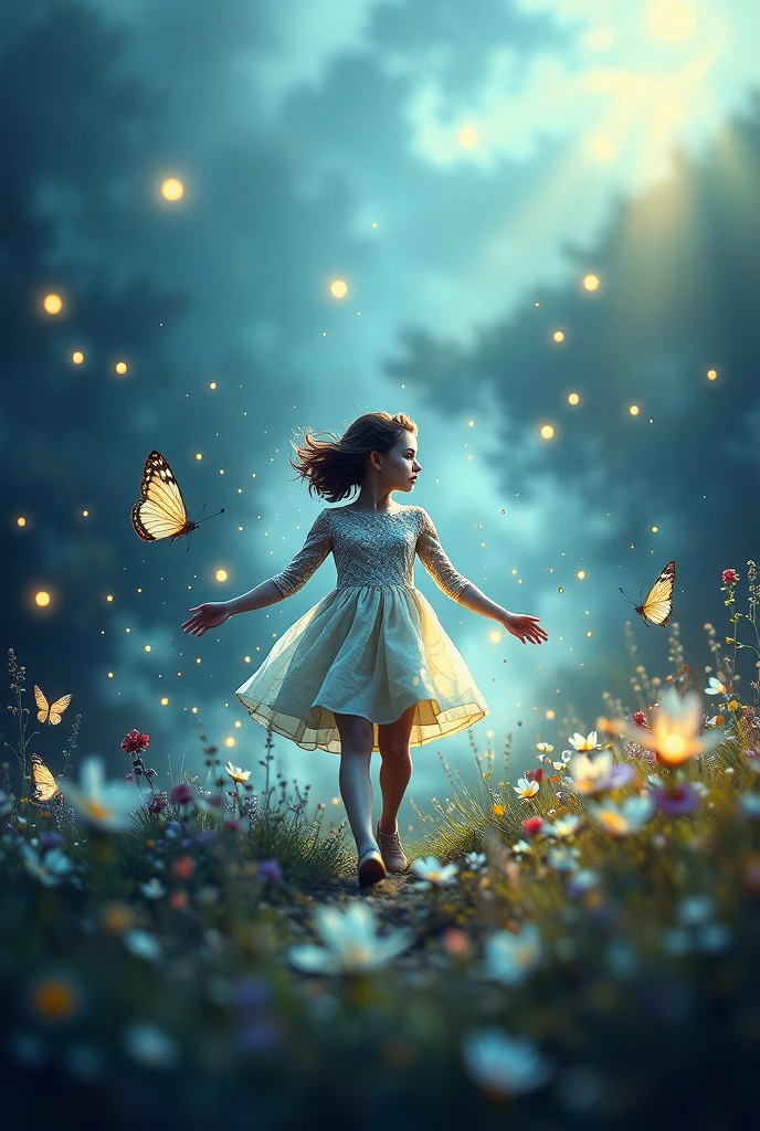 A young girl dissolving into the night as she runs through a grassy field, her form blending with the glowing stars and ethereal trails surrounding her. The scene is painted in deep, rich blue tones with soft gradients and a luminous, watercolor-like texture, evoking a sense of transcendence and spiritual awakening. The motion is captured with a dreamlike blur, reminiscent of long-exposure film photography, while faint, glowing butterflies hover around her, adding a touch of magic. The composition explores the fragility of existence and the emotional journey of coping with loss, balancing nostalgia, melancholy, and the search for hope. Inspired by Wong Kar-wai’s poetic film aesthetics and the hand-painted softness of French animation, this image intertwines reality and imagination in a deeply evocative way.