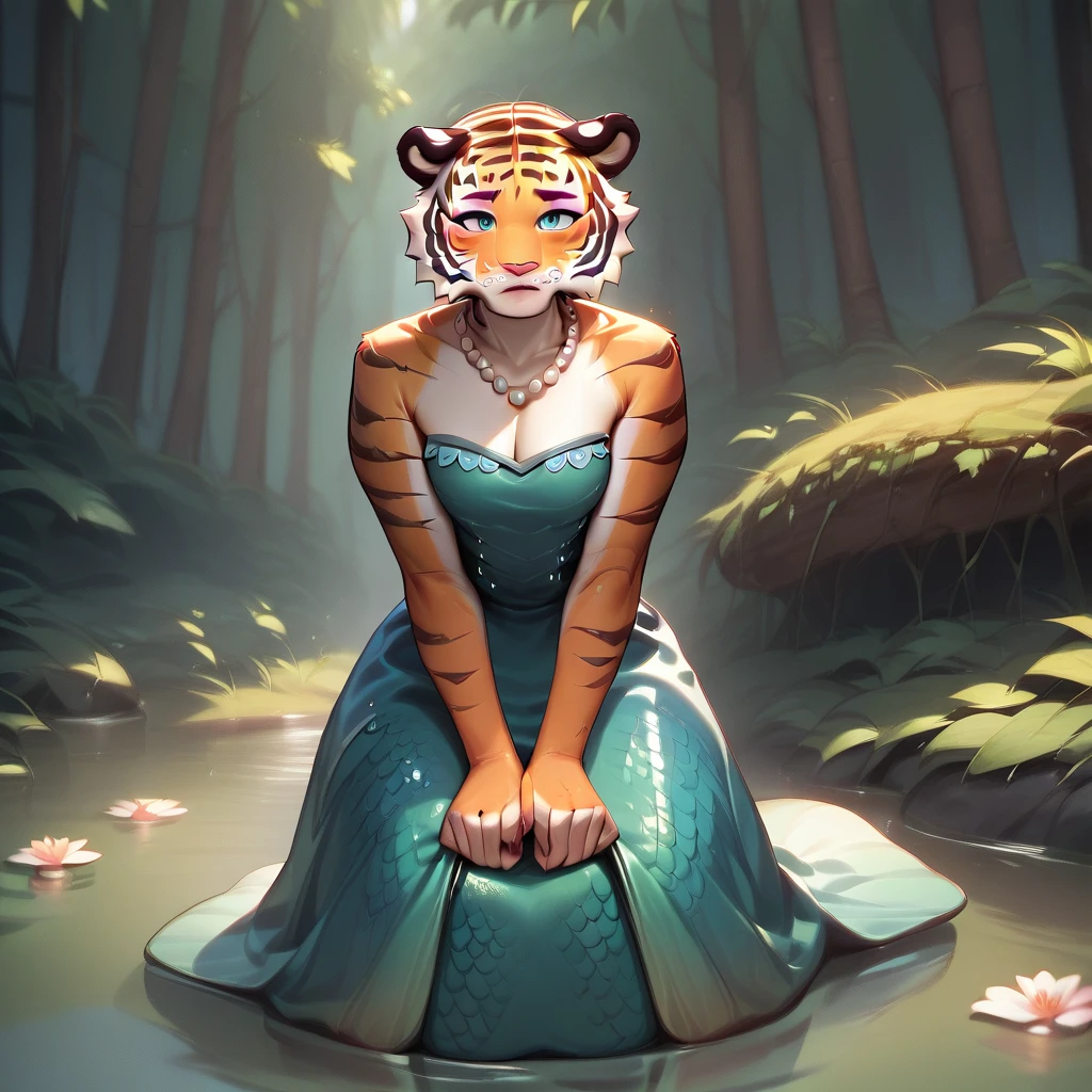 Full body Anthro Tiger, tiger girl, solo, Anthro Tiger wear mermaid dress, clavage, shy, blue eyes, pearl crown, forest, pink eyeshadow, pink lips, pearl necklace, Cowgirl Position Sex Non-POV / Third Person