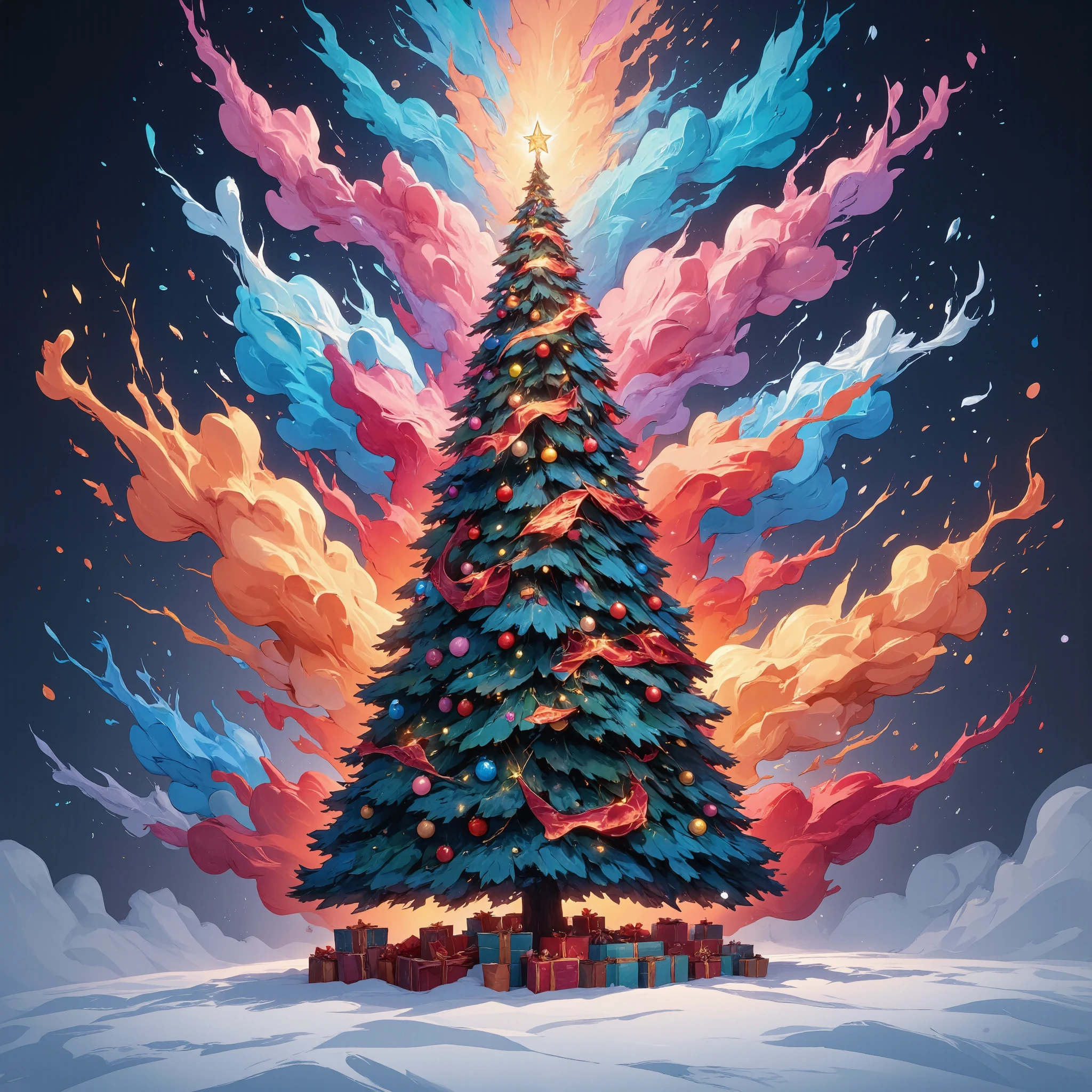 colorful exploding christmas tree, ink splash, vibrant illumination, dynamic motion, abstract energy, vivid colors, digital art, 4k, high quality, intricate details, masterpiece, photorealistic, surreal, cinematic lighting, dynamic composition