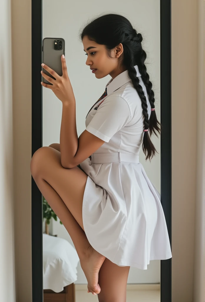 beautiful cute Sri Lankan school girl, in barefoot, Large breast size , 20 years old, wearing a white frock and a colored tie. She has plaits, black braided long hair, barefoot, correct anatomy of feet and other body parts, , cinematic, hyper realistic, 4K, butt mirror selfie