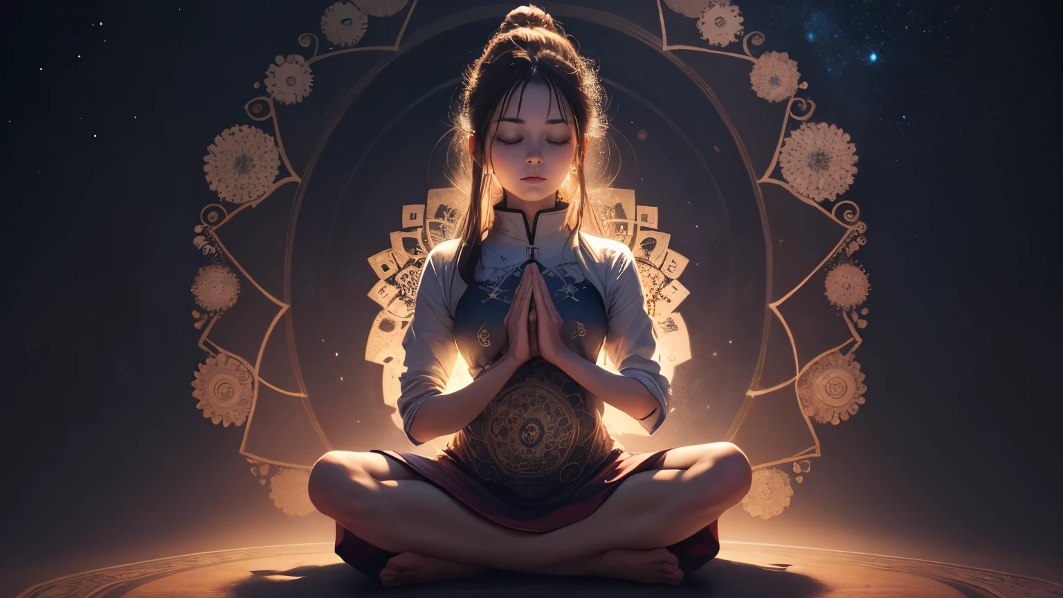 mujer sacerdotisa tantrica joven con tatuajes meditando en short en un templo foto realista --auto