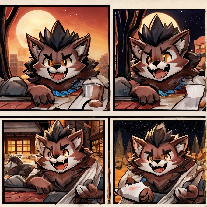 (masterpiece, high res,top-quality)、 (One々A comic where a cute werewolf makes you happy with 4 scenes)