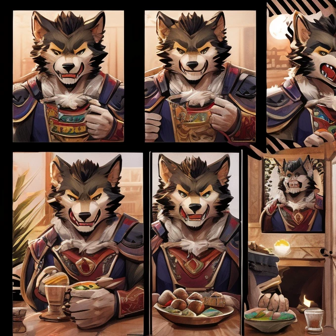 (masterpiece, high res,top-quality)、 (One々A comic where a cute werewolf makes you happy with 4 scenes)