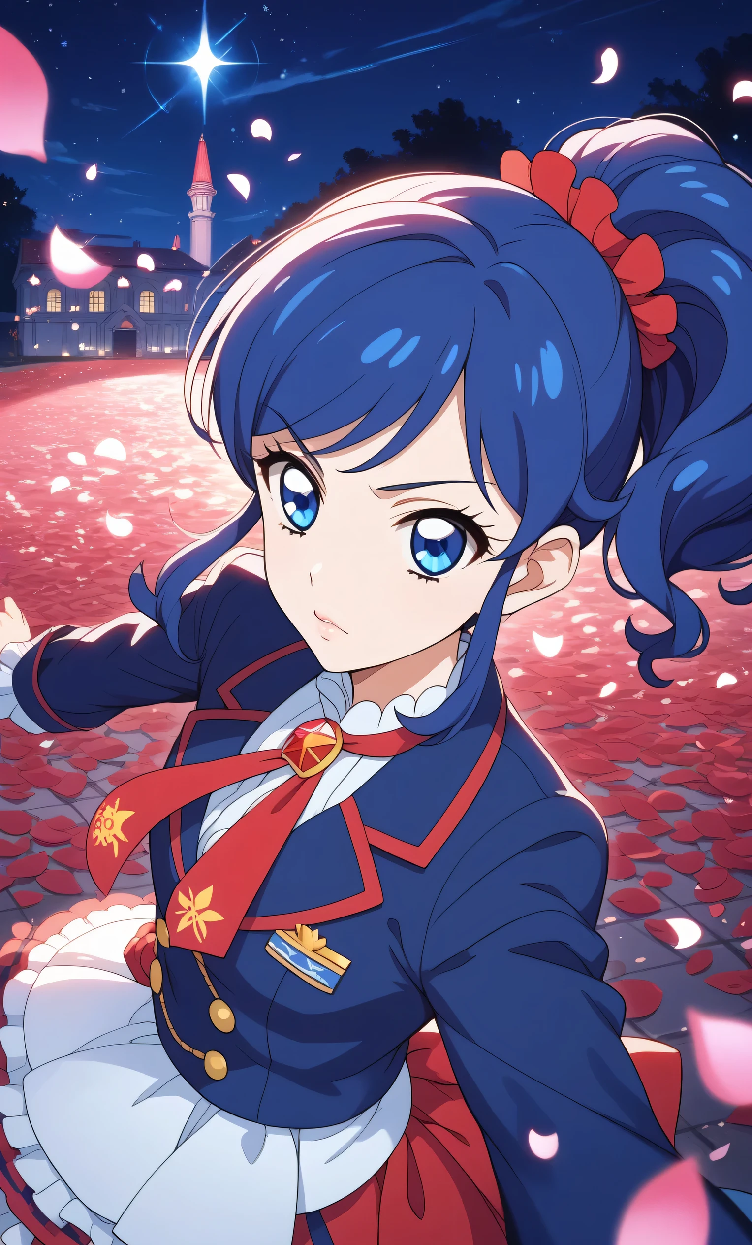 score_9, score_8_up, score_7_up,  Kiriya Aoi in Aikatsu's Starlight Academy uniform, blue hair, long hair, side ponytail, blue eyes night, ruined building, sparkles, glitters, multicolored background, shiny, glowing, lens flare, petals, background, theme,t-posing,from above,glossy lips ,serious face