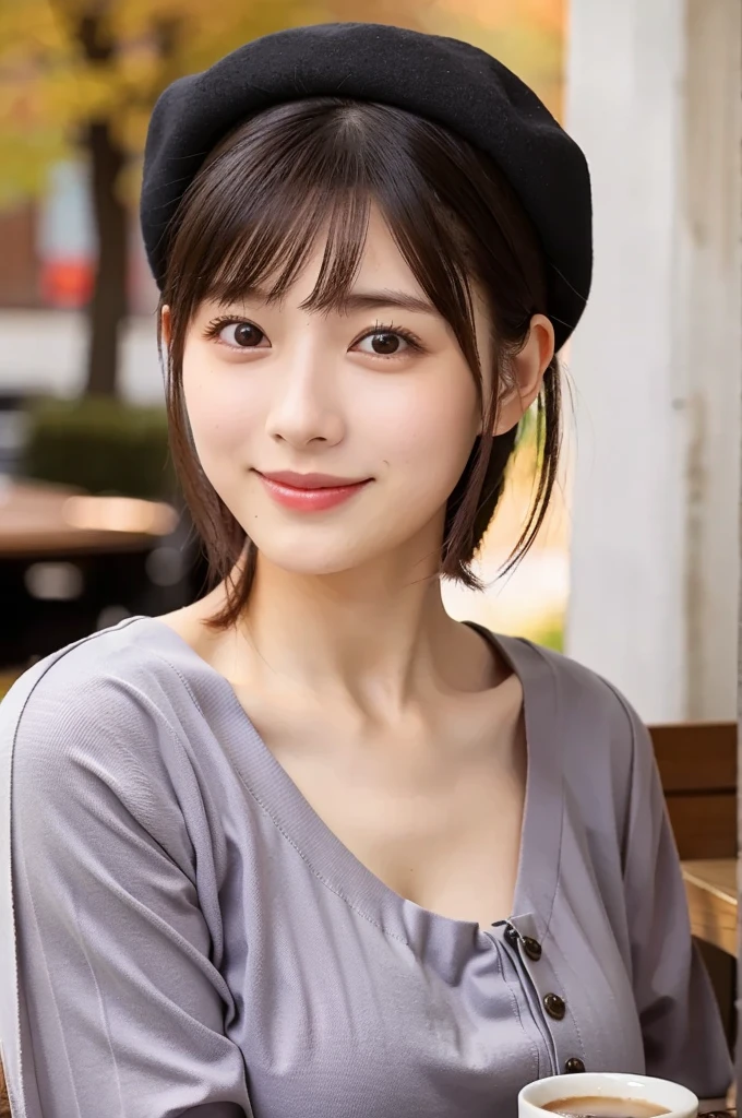 (masterpiece, best quality, perfect anatomy, highres, 8k, realistic, photorealistic, natural skin texture, no makeup:1.2), afternoon, 1girl, solo, Japanese, age20, female university student with a short bob haircut, very cute, (large breasts:1.4), autumn vibes, sitting in a cozy café, She's resting her cheek on a wooden table, (gazing viewer with a soft smile), wearing a beret and mini skirt, warm autumn atmosphere, vertical composition, jp idol, inugao