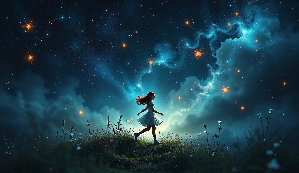 A young girl running across an open grassy field under a vast, star-filled night sky, her small figure glowing faintly amidst the dreamy, ethereal scenery. The stars shimmer like scattered pearls, with delicate butterflies and luminous trails swirling around her, creating a magical and surreal atmosphere. The scene is framed as a wide shot, capturing the immense expanse of the field and the sky, with deep blue hues blending into soft, watercolor-like textures. The girl's form is blurred slightly, evoking a sense of motion and fragility, as if dissolving into the cosmos. The composition combines Wong Kar-wai’s nostalgic cinematic tones with the gentle, hand-painted aesthetic of French animation, portraying the emotional solitude and resilience of a daughter coping with the loss of her mother."