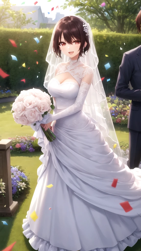 masterpiece, best quality, high quality, girl, solo, looking at viewer, yuuta_kadowaki, large breasts, wedding Dress, standing, garden, confetti, holding bouquet, smile, open mouth,