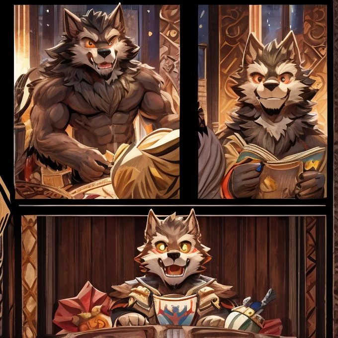 (masterpiece, high res, top quality )、 (One々A comic where a cute werewolf makes you happy with 4 scenes)