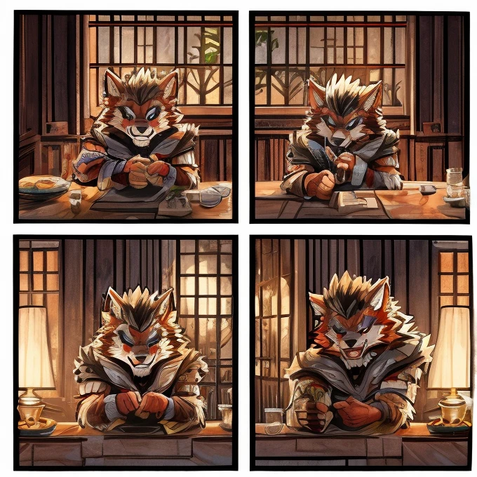 (masterpiece, high res, top quality )、 (One々A comic where a cute werewolf makes you happy with 4 scenes)